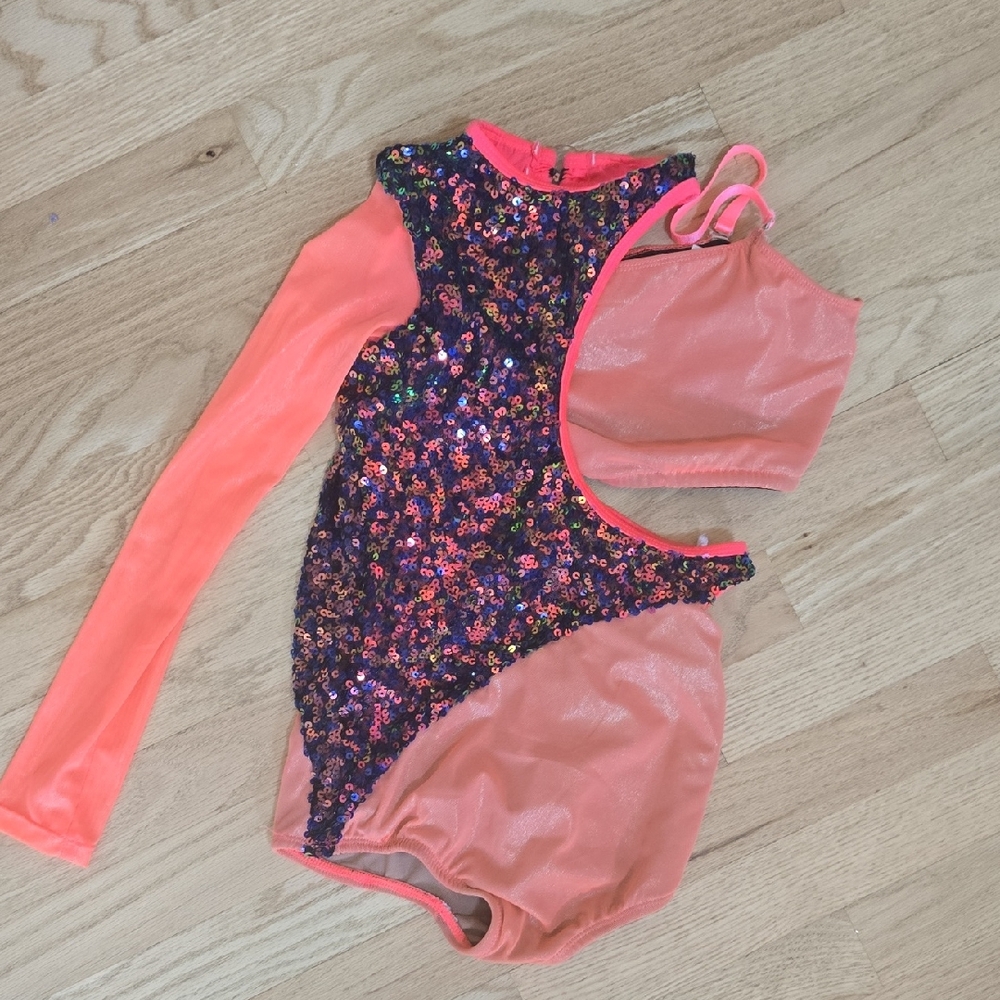 Vibrant Sequin Dance Outfit with Coral Details